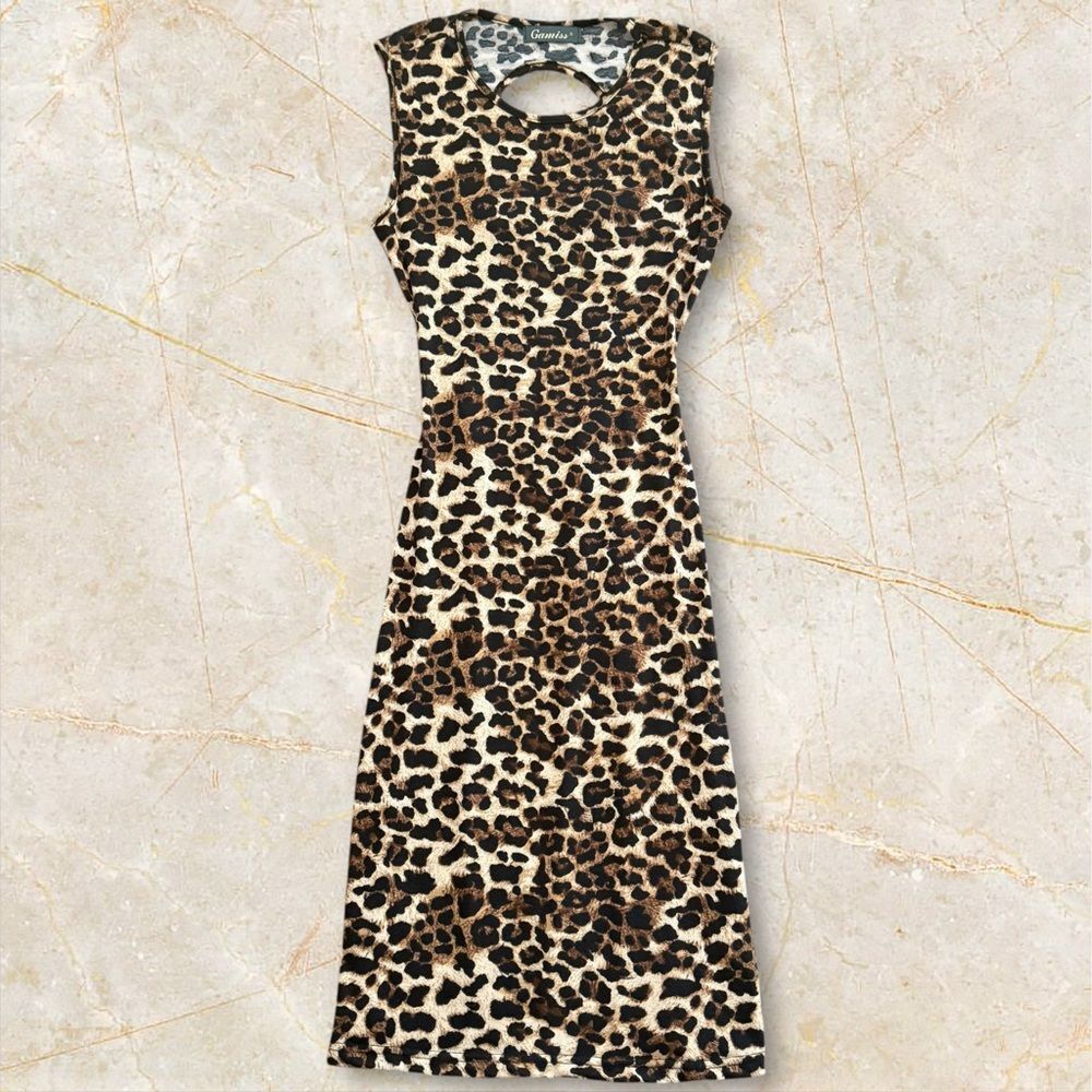 Gamiss Leopard Print Backless Bodycon Dress 100% Cotton Knee Length XS S
